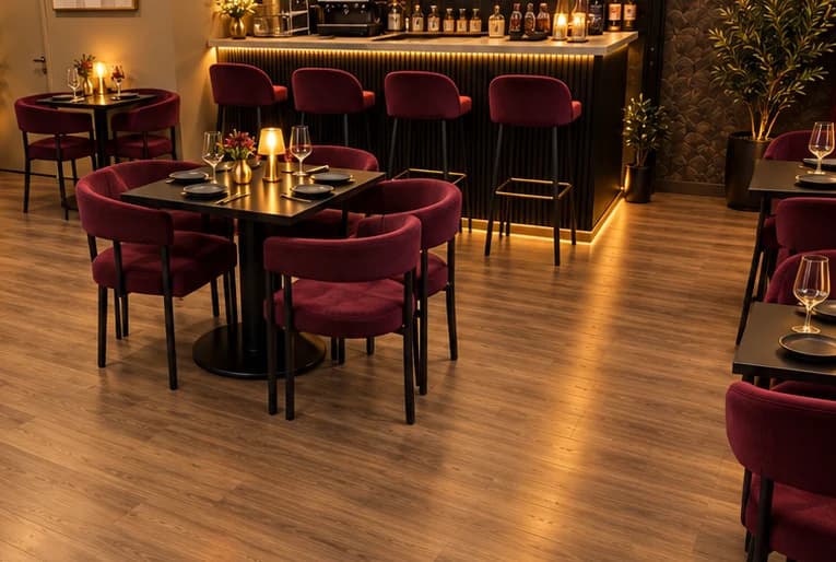 Proposed intimate dining setup with a warm table lamp and burgundy seating.